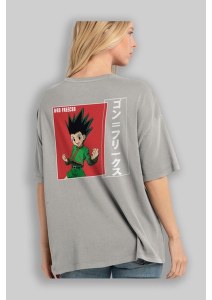 Gon Freecss Hunter x Hunter 5 Anime Arka Baskılı Gri Oversize T-Shirt %100 Pamuk Erkek Kadın modelleri