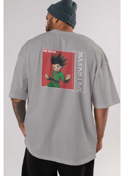 Gon Freecss Hunter x Hunter 5 Anime Arka Baskılı Gri Oversize T-Shirt %100 Pamuk Erkek Kadın indirimleri