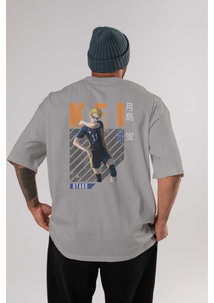 Kei Tsukishima 2 Anime Arka Baskılı Gri Oversize T-Shirt %100 Pamuk Erkek Kadın