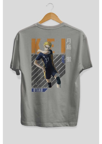 Kei Tsukishima 2 Anime Arka Baskılı Gri Oversize T-Shirt %100 Pamuk Erkek Kadın fiyatları