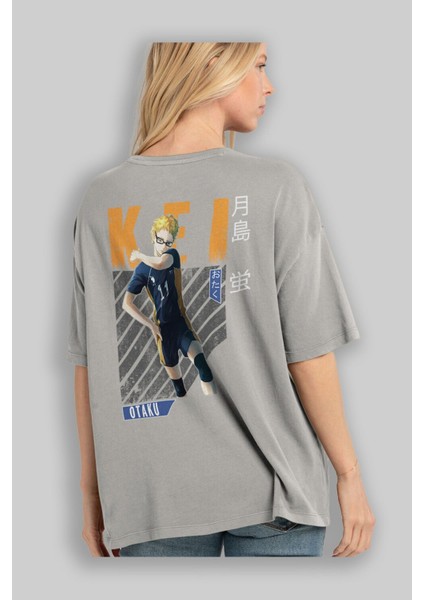 Kei Tsukishima 2 Anime Arka Baskılı Gri Oversize T-Shirt %100 Pamuk Erkek Kadın modelleri