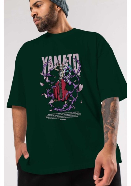 Yamato Anime Ön Baskılı Zümrüt Yeşili Oversize T-Shirt Erkek Kadın modelleri