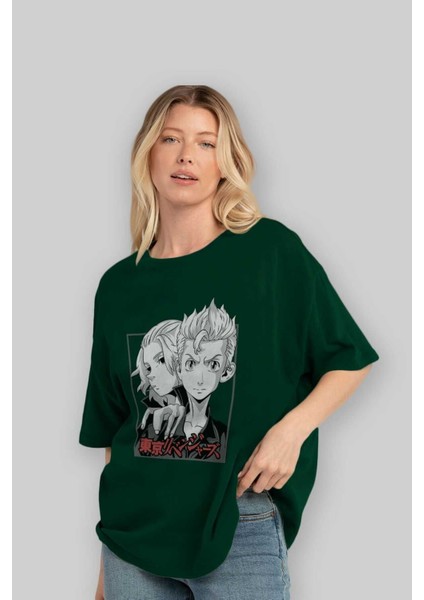 Tokyo Revengers Anime Ön Baskılı Zümrüt Yeşili Oversize T-Shirt Erkek Kadın fırsatları