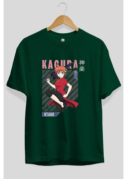 Kagura Gıntama 1 Anime Ön Baskılı Zümrüt Yeşili Oversize T-Shirt Erkek Kadın fiyatları