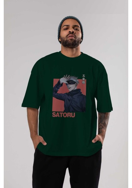 Satoru Gojo 2 Anime Ön Baskılı Zümrüt Yeşili Oversize T-Shirt Erkek Kadın indirimleri