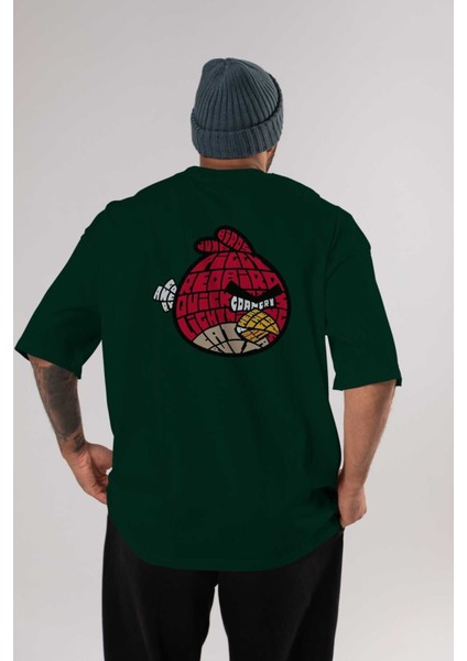 Bird With Anger Arka Baskılı Zümrüt Yeşili Oversize T-Shirt Unisex Erkek Kadın Bisiklet Yaka