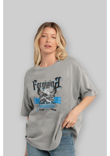 Faith Over Fear 2 Ön Baskılı Gri Oversize T-Shirt Unisex Erkek Kadın Bisiklet Yaka fırsatları
