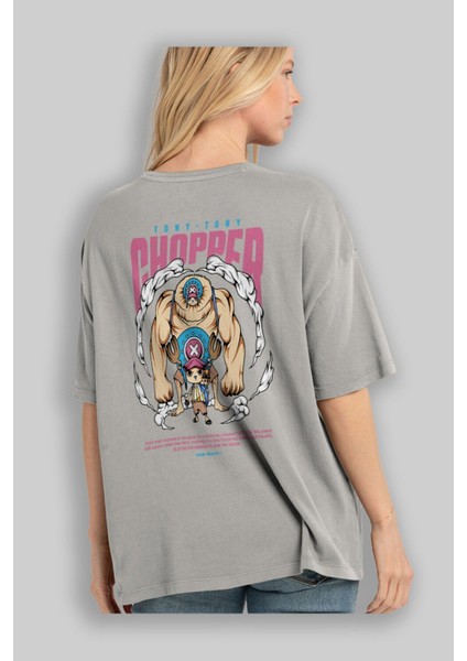 Tony Tony Chopper Anime Arka Baskılı Gri Oversize T-Shirt %100 Pamuk Erkek Kadın modelleri