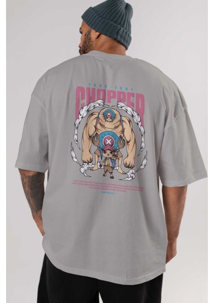 Tony Tony Chopper Anime Arka Baskılı Gri Oversize T-Shirt %100 Pamuk Erkek Kadın indirimleri