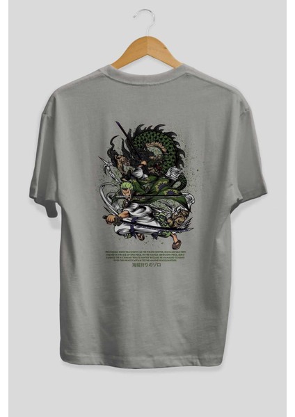 Zoro-One Pıece Anime Arka Baskılı Gri Oversize T-Shirt %100 Pamuk Erkek Kadın fiyatları
