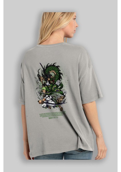 Zoro-One Pıece Anime Arka Baskılı Gri Oversize T-Shirt %100 Pamuk Erkek Kadın modelleri