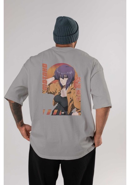 Motoko Kusanagi 9 Anime Arka Baskılı Gri Oversize T-Shirt %100 Pamuk Erkek Kadın