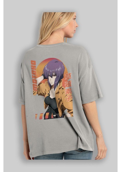 Motoko Kusanagi 9 Anime Arka Baskılı Gri Oversize T-Shirt %100 Pamuk Erkek Kadın modelleri