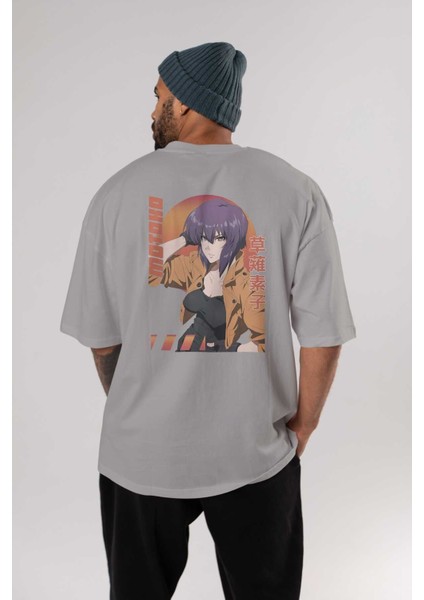 Motoko Kusanagi 9 Anime Arka Baskılı Gri Oversize T-Shirt %100 Pamuk Erkek Kadın fırsatları