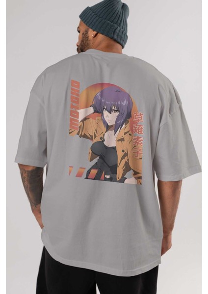 Motoko Kusanagi 9 Anime Arka Baskılı Gri Oversize T-Shirt %100 Pamuk Erkek Kadın indirimleri