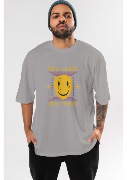 Trust Nobody Ön Baskılı Gri Oversize T-Shirt Unisex Erkek Kadın Bisiklet Yaka