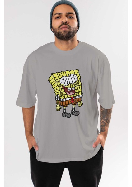 Yellow Sponge Ön Baskılı Gri Oversize T-Shirt Unisex Erkek Kadın Bisiklet Yaka