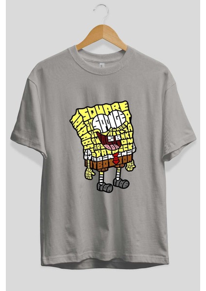 Yellow Sponge Ön Baskılı Gri Oversize T-Shirt Unisex Erkek Kadın Bisiklet Yaka fiyatları