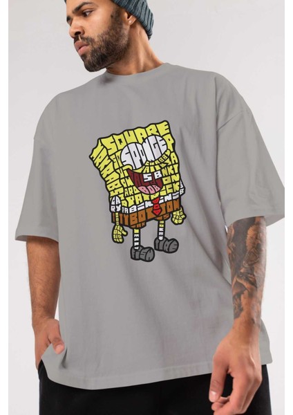 Yellow Sponge Ön Baskılı Gri Oversize T-Shirt Unisex Erkek Kadın Bisiklet Yaka modelleri