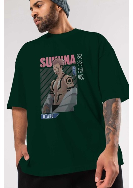 Sukuna Ryoumen Anime Ön Baskılı Zümrüt Yeşili Oversize T-Shirt Erkek Kadın modelleri