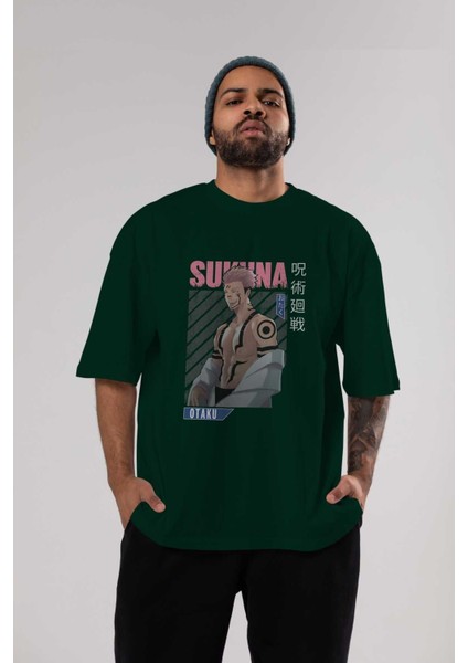 Sukuna Ryoumen Anime Ön Baskılı Zümrüt Yeşili Oversize T-Shirt Erkek Kadın indirimleri