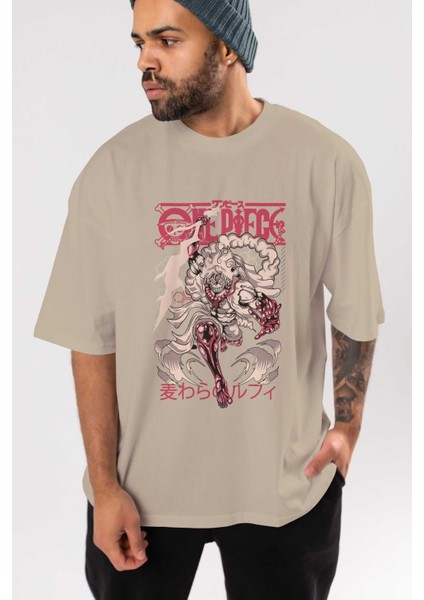 Monkey D. Luff-One Pıece 1 Anime Ön Baskılı Bej Oversize T-Shirt Erkek Kadın indirimleri