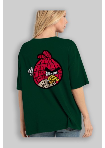 Bird With Anger Arka Baskılı Zümrüt Yeşili Oversize T-Shirt Unisex Erkek Kadın Bisiklet Yaka fırsatları