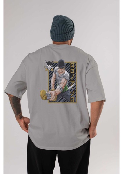 Roronoa Zoro Anime Arka Baskılı Gri Oversize T-Shirt %100 Pamuk Erkek Kadın