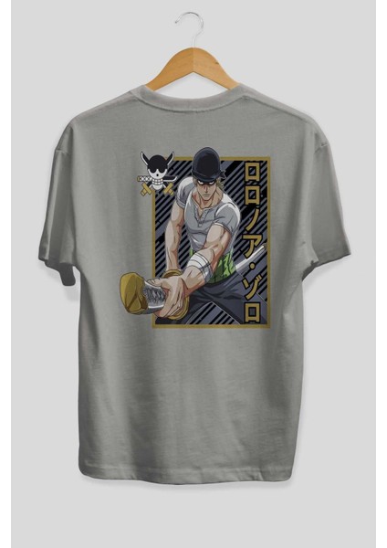 Roronoa Zoro Anime Arka Baskılı Gri Oversize T-Shirt %100 Pamuk Erkek Kadın fiyatları