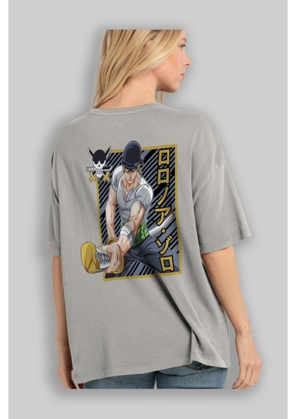 Roronoa Zoro Anime Arka Baskılı Gri Oversize T-Shirt %100 Pamuk Erkek Kadın modelleri