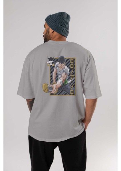 Roronoa Zoro Anime Arka Baskılı Gri Oversize T-Shirt %100 Pamuk Erkek Kadın fırsatları