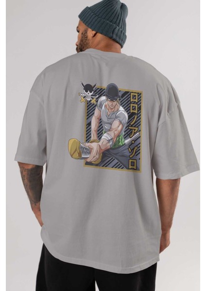 Roronoa Zoro Anime Arka Baskılı Gri Oversize T-Shirt %100 Pamuk Erkek Kadın indirimleri
