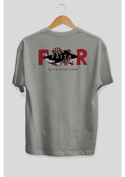 Faith Over Fear Arka Baskılı Gri Oversize T-Shirt Unisex Erkek Kadın Bisiklet Yaka fiyatları