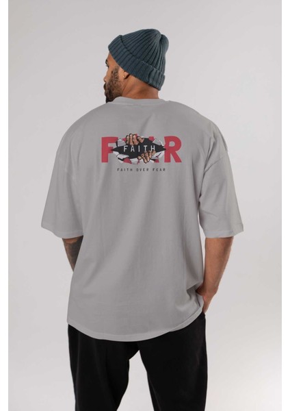 Faith Over Fear Arka Baskılı Gri Oversize T-Shirt Unisex Erkek Kadın Bisiklet Yaka fırsatları