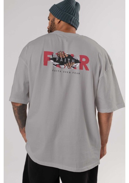 Faith Over Fear Arka Baskılı Gri Oversize T-Shirt Unisex Erkek Kadın Bisiklet Yaka indirimleri
