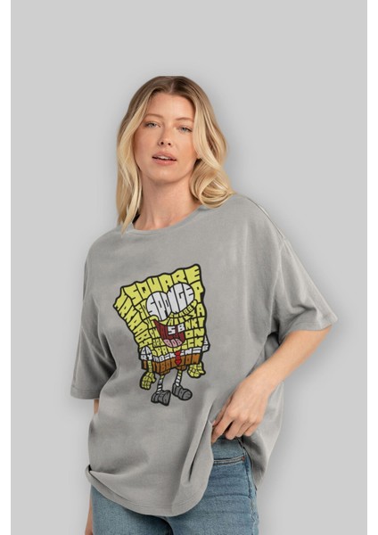 Yellow Sponge Ön Baskılı Gri Oversize T-Shirt Unisex Erkek Kadın Bisiklet Yaka fırsatları