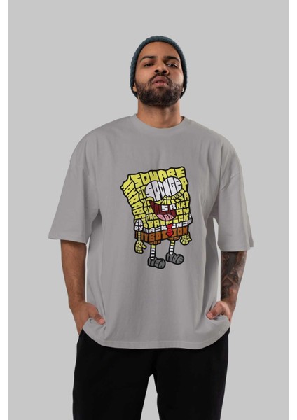 Yellow Sponge Ön Baskılı Gri Oversize T-Shirt Unisex Erkek Kadın Bisiklet Yaka indirimleri