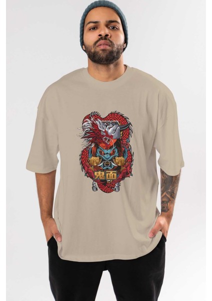 Trıbal Anime Ön Baskılı Bej Oversize T-Shirt Erkek Kadın