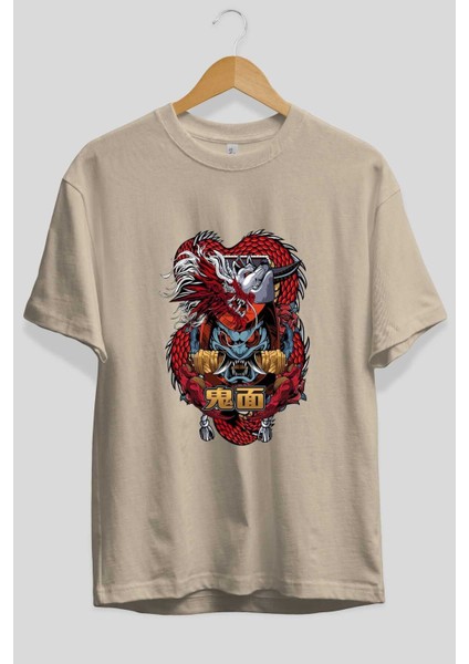 Trıbal Anime Ön Baskılı Bej Oversize T-Shirt Erkek Kadın fiyatları