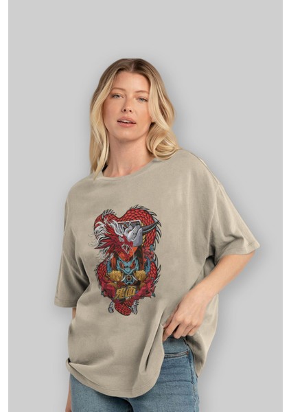 Trıbal Anime Ön Baskılı Bej Oversize T-Shirt Erkek Kadın modelleri