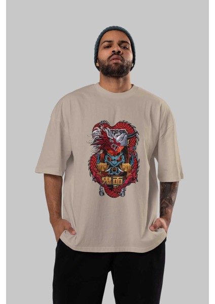 Trıbal Anime Ön Baskılı Bej Oversize T-Shirt Erkek Kadın fırsatları
