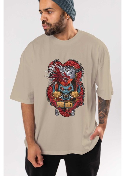 Trıbal Anime Ön Baskılı Bej Oversize T-Shirt Erkek Kadın indirimleri