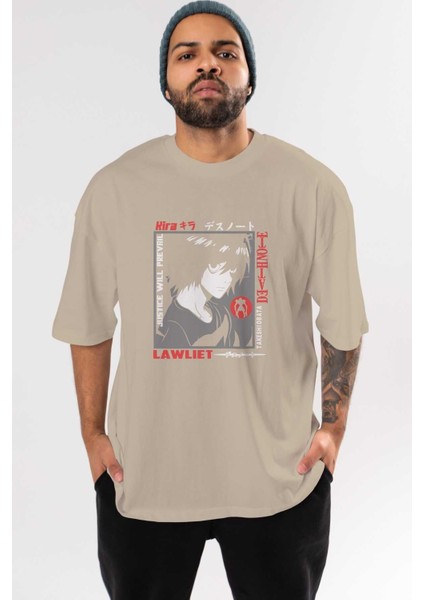 Death Note Anime Ön Baskılı Bej Oversize T-Shirt Erkek Kadın