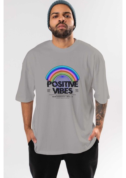 Positive Vibes Ön Baskılı Gri Oversize T-Shirt Unisex Erkek Kadın Bisiklet Yaka