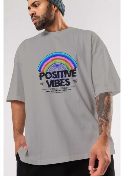 Positive Vibes Ön Baskılı Gri Oversize T-Shirt Unisex Erkek Kadın Bisiklet Yaka modelleri