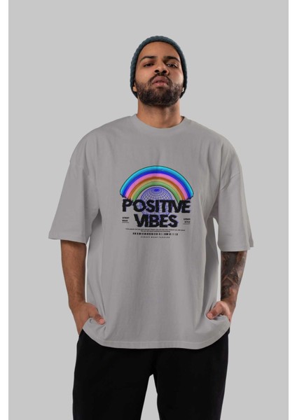 Positive Vibes Ön Baskılı Gri Oversize T-Shirt Unisex Erkek Kadın Bisiklet Yaka indirimleri
