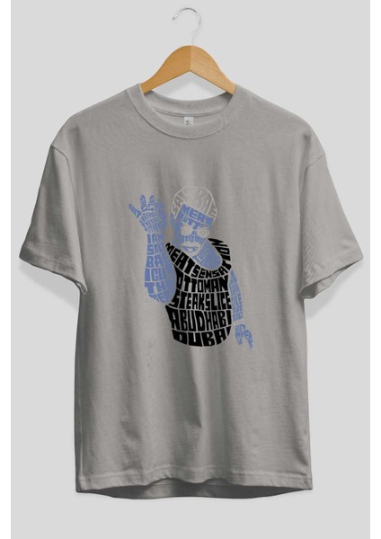 Salt Bae Ön Baskılı Gri Oversize T-Shirt Unisex Erkek Kadın Bisiklet Yaka