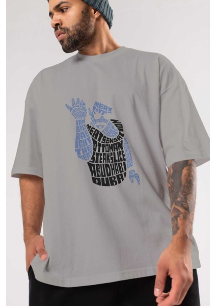 Salt Bae Ön Baskılı Gri Oversize T-Shirt Unisex Erkek Kadın Bisiklet Yaka