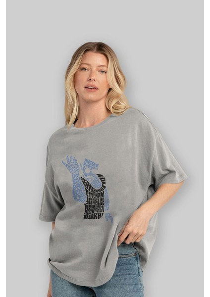 Salt Bae Ön Baskılı Gri Oversize T-Shirt Unisex Erkek Kadın Bisiklet Yaka