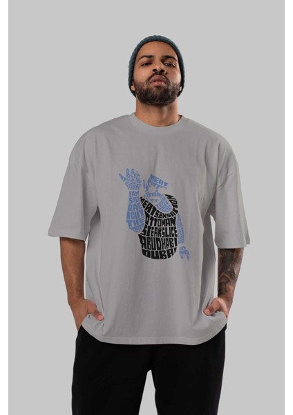 Salt Bae Ön Baskılı Gri Oversize T-Shirt Unisex Erkek Kadın Bisiklet Yaka